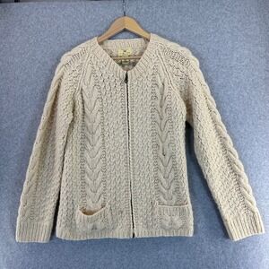 Limited America Hand Knit Cream Cable Knit Wool Zip Up Cardigan Sweater Medium